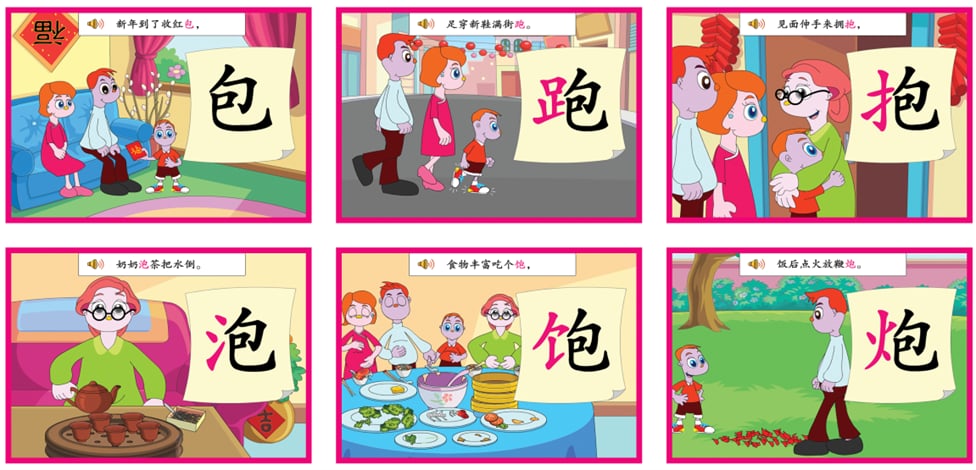 六张华文识字卡,每张配有一幅短篇故事插图