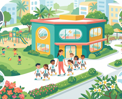 Aerial view of cheerful preschool in lush Singapore neighborhood, children with teacher walking.