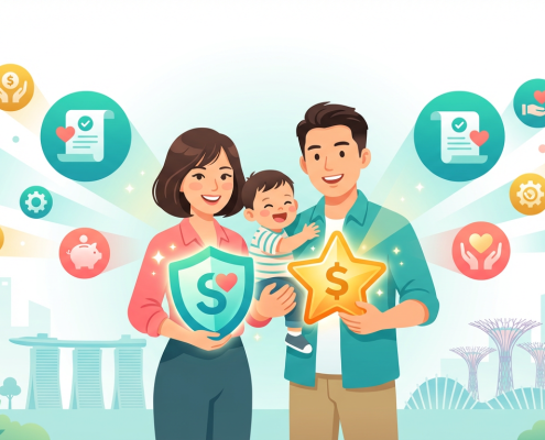 Cheerful Singaporean family with icons of financial support, vibrant preschool scene.