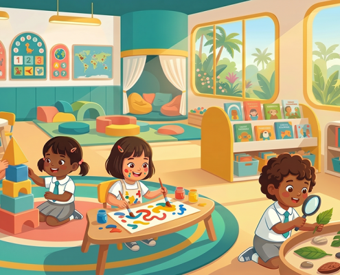 Children of diverse Asian ethnicities joyfully engage in play-based learning in a sunlit Singapore preschool.