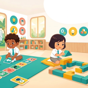 Preschool kids engage in screen-free coding with coding cards and blocks in a bright, modern classroom.
