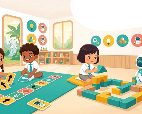 Preschool kids engage in screen-free coding with coding cards and blocks in a bright, modern classroom.