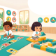 Preschool kids engage in screen-free coding with coding cards and blocks in a bright, modern classroom.