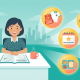 Southeast Asian parent reviews preschool budget, surrounded by colorful icon bubbles in Singapore setting.