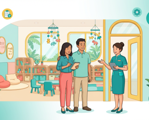 Southeast Asian parents engage with teacher in a bright Singapore preschool classroom.