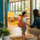 Young child at preschool entrance, smiling back at parent amid colorful classroom setting.