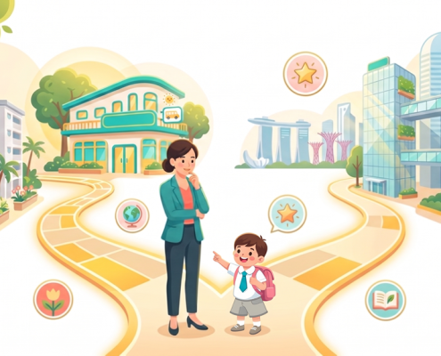 Asian mother at crossroads between Singapore home and CBD, child with backpack, morning glow.