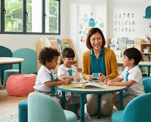 Asian teacher engaging with diverse preschoolers in a colorful Singaporean classroom.