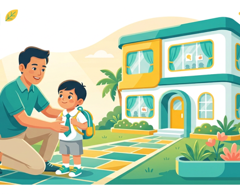 Cheerful child with backpack at Singapore preschool entrance, lush greenery, warm morning light.