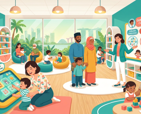 Cheerful parents and children explore a modern Singapore preschool with interactive learning stations.
