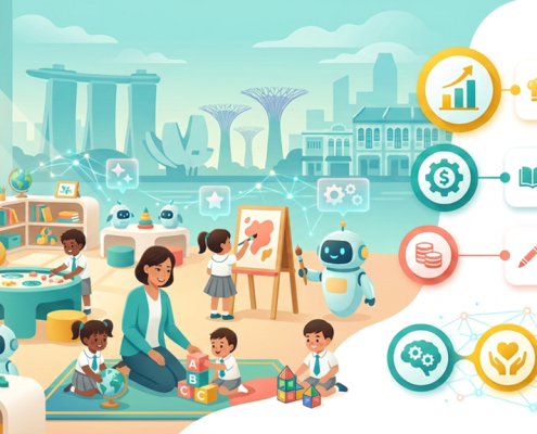 Cheerful Singapore skyline with kids playing in a modern preschool, teacher nearby, tech motifs.