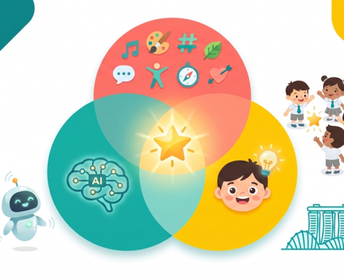 Colourful Venn diagram with icons for AI, creativity, and intelligences, surrounded by preschoolers and Singapore skyline.