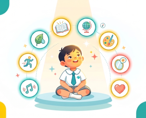 Young Asian child with icons of multiple intelligences, vibrant flat design.