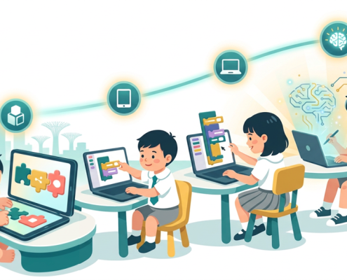 Young Asian children at desks learning with tablets and laptops, symbolizing tech education.